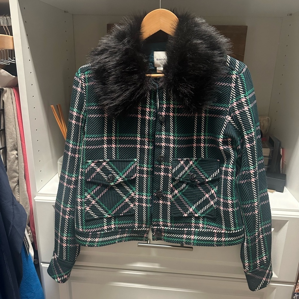 Anthropologie’s Brand Maeve Green Plaid Jacket with fur collar